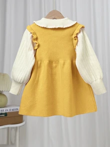 SHEIN Young Girl Young Girl Young Girl Loose Casual Minimalist Comfortable Peter Pan Collar Patchwork Contrast Color Bow Decor Sweater Autumn Dress - Yellow - View 2