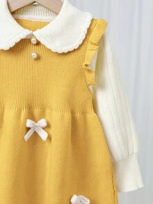 SHEIN Young Girl Young Girl Young Girl Loose Casual Minimalist Comfortable Peter Pan Collar Patchwork Contrast Color Bow Decor Sweater Autumn Dress - Yellow - View 5