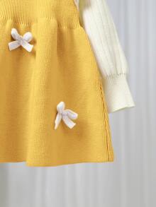 SHEIN Young Girl Young Girl Young Girl Loose Casual Minimalist Comfortable Peter Pan Collar Patchwork Contrast Color Bow Decor Sweater Autumn Dress - Yellow - View 7
