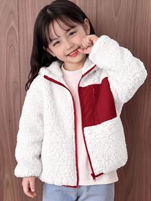 Cozy Pixies 女童泡泡絨加厚撞色連帽長袖開襟冬季外套 - 紅色 - 查看 6