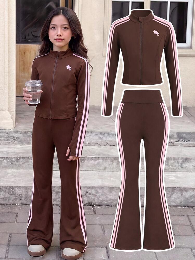 SHEIN Tween Girls Pink Tape Kids Solid Coffee Brown Long Sleeve Zip Top Jacket And Flared Pants Suit - Brown - View 13
