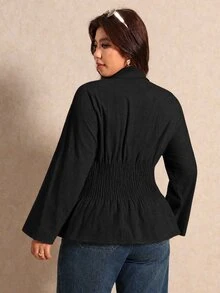 Elaquor Plus Size Women's Solid Color Pleated Casual Versatile Daily Wear Blouse Fall - Black - View 2