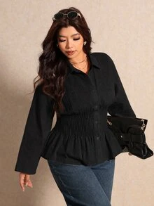 Elaquor Plus Size Women's Solid Color Pleated Casual Versatile Daily Wear Blouse Fall - Black - View 1