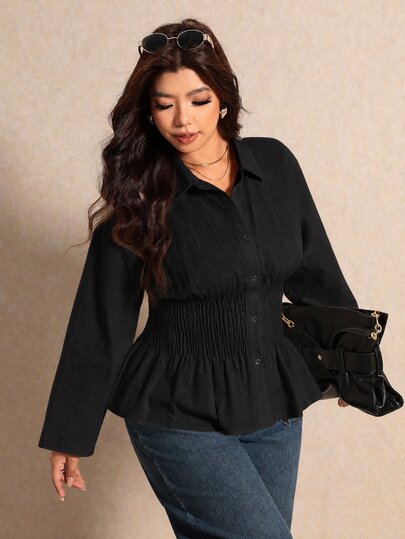 Elaquor Plus Size Women's Solid Color Pleated Casual Versatile Daily Wear Blouse Fall