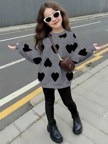 Bubblio 两件套女童休闲圆领长袖卫衣和打底裤，秋冬季，经典像素风可爱卡通爱心印花 - 彩色 - 查看 2
