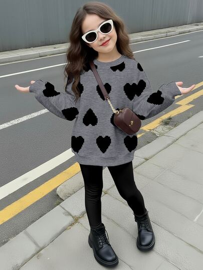 Bubblio 两件套女童休闲圆领长袖卫衣和打底裤，秋冬季，经典像素风可爱卡通爱心印花