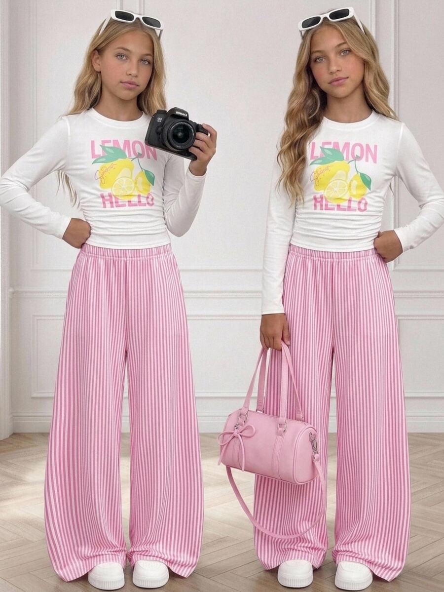 SHEIN Girlism 青少年女孩 T-Shirt 套裝 兒童秋冬百搭時尚檸檬印花長袖褲子粉色 2 件套,適合返校穿搭 - 粉色 - 查看 1