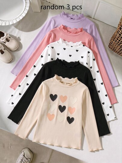 SHEIN Young Girls 3pcs/Set Young Girls Casual All-Match Versatile Solid Color Ribbed Trim Mock Neck Tee Knit Solid Color Collar Fitted T-Shirt Set Autumn/Winter