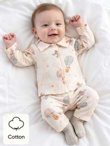 SHEIN 新生兒嬰兒 2 件套服裝，100% 純棉領口長袖鈕扣襯衫與長褲套裝，可愛熱氣球印花，秋冬休閒服 - 杏色 - 查看 2
