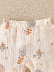 SHEIN 新生兒嬰兒 2 件套服裝，100% 純棉領口長袖鈕扣襯衫與長褲套裝，可愛熱氣球印花，秋冬休閒服 - 杏色 - 查看 8