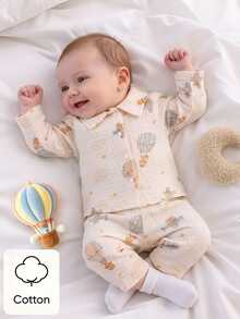 SHEIN 新生兒嬰兒 2 件套服裝，100% 純棉領口長袖鈕扣襯衫與長褲套裝，可愛熱氣球印花，秋冬休閒服 - 杏色 - 查看 6