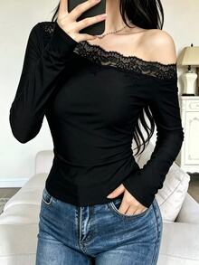 Modelyn French Lace Patchwork Asymmetric Neckline Long Sleeve Versatile Sexy Women's T-Shirt Brunch Black Autumn - Black - View 4