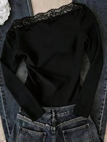 Modelyn French Lace Patchwork Asymmetric Neckline Long Sleeve Versatile Sexy Women's T-Shirt Brunch Black Autumn - Black - View 7