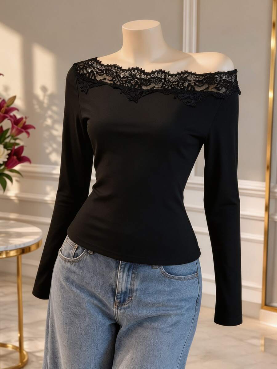 Modelyn French Lace Patchwork Asymmetric Neckline Long Sleeve Versatile Sexy Women's T-Shirt Brunch Black Autumn