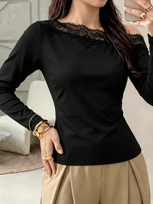 Modelyn French Lace Patchwork Asymmetric Neckline Long Sleeve Versatile Sexy Women's T-Shirt Brunch Black Autumn - Black - View 5