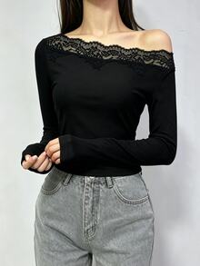 Modelyn French Lace Patchwork Asymmetric Neckline Long Sleeve Versatile Sexy Women's T-Shirt Brunch Black Autumn - Black - View 6