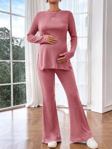 SHEIN 孕婦純色圓領側開衩T恤與可調腰寬喇叭褲2件套 秋季 - 中紫紅色 - 查看 5