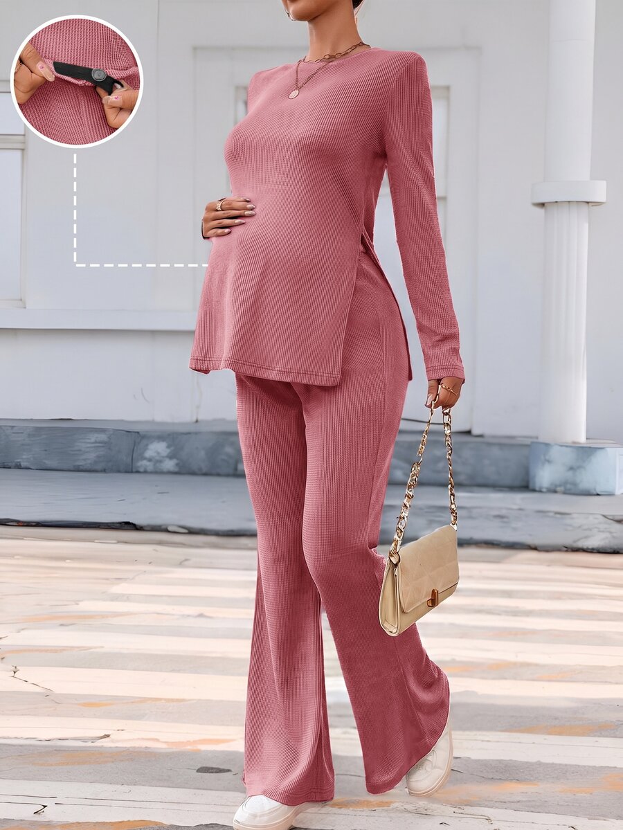 SHEIN 孕婦純色圓領側開衩T恤與可調腰寬喇叭褲2件套 秋季 - 中紫紅色 - 查看 1