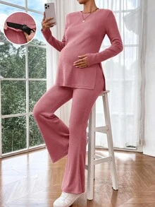SHEIN 孕婦純色圓領側開衩T恤與可調腰寬喇叭褲2件套 秋季 - 中紫紅色 - 查看 3