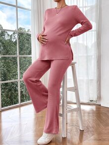 SHEIN 孕婦純色圓領側開衩T恤與可調腰寬喇叭褲2件套 秋季 - 中紫紅色 - 查看 4