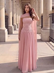Poshira Women's Elegant Formal Contrast Lace & Ribbon Design Light Pink Ball Gown, Winter Dress For Wedding, Prom & Gala - Pink - View 6