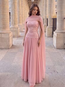 Poshira Women's Elegant Formal Contrast Lace & Ribbon Design Light Pink Ball Gown, Winter Dress For Wedding, Prom & Gala - Pink - View 4