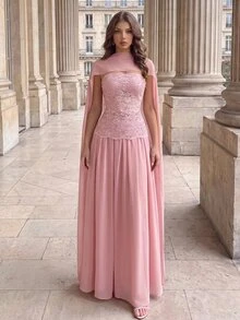 Poshira Women's Elegant Formal Contrast Lace & Ribbon Design Light Pink Ball Gown, Winter Dress For Wedding, Prom & Gala - Pink - View 5