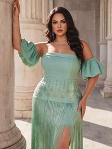 Coutiva Plus-Size Long Formal Evening Gown With Twisted Linen Patchwork Chiffon And A Long Tassel Hem (Heavy-Work Design) - Green - View 3