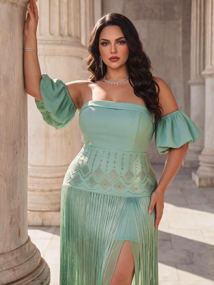 Coutiva Plus-Size Long Formal Evening Gown With Twisted Linen Patchwork Chiffon And A Long Tassel Hem (Heavy-Work Design) - Green - View 3