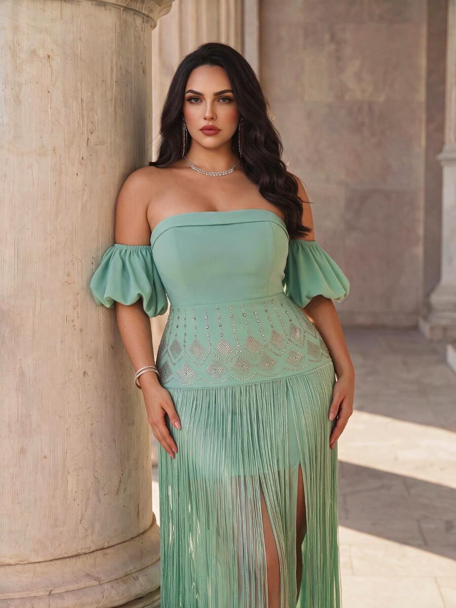 Coutiva Plus-Size Long Formal Evening Gown With Twisted Linen Patchwork Chiffon And A Long Tassel Hem (Heavy-Work Design) - Green - View 1