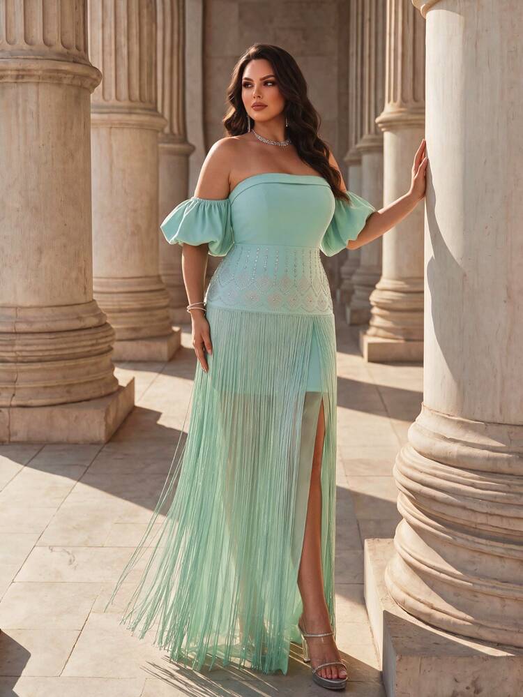 Coutiva Plus-Size Long Formal Evening Gown With Twisted Linen Patchwork Chiffon And A Long Tassel Hem (Heavy-Work Design) - Green - View 5