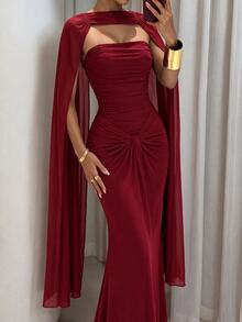 Modelyn Women's Elegant Shawl Evening Gown Wedding Dinner Evening Event Burgundy Winter - Burgundy - View 3