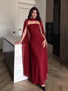 Modelyn Women's Elegant Shawl Evening Gown Wedding Dinner Evening Event Burgundy Winter - Burgundy - View 5