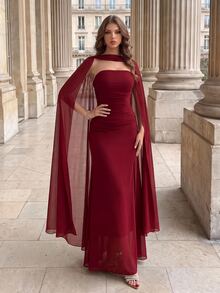 Modelyn Women's Elegant Shawl Evening Gown Wedding Dinner Evening Event Burgundy Winter - Burgundy - View 1