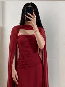 Modelyn Women's Elegant Shawl Evening Gown Wedding Dinner Evening Event Burgundy Winter - Burgundy - View 2