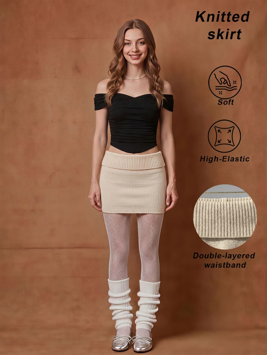SHEIN MOD Women's Solid Color Casual Versatile Daily Knit Mini Skirt - White - View 1