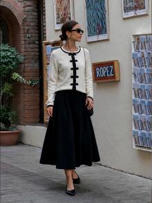 Anewsta New Chinese Style Butterfly Frog Button Contrast Trim Knit Cardigan Women Vintage Round Neck Short Shoulder Patch Long Sleeve Sweater Jacket - White - View 7