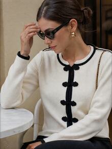 Anewsta New Chinese Style Butterfly Frog Button Contrast Trim Knit Cardigan Women Vintage Round Neck Short Shoulder Patch Long Sleeve Sweater Jacket - White - View 1