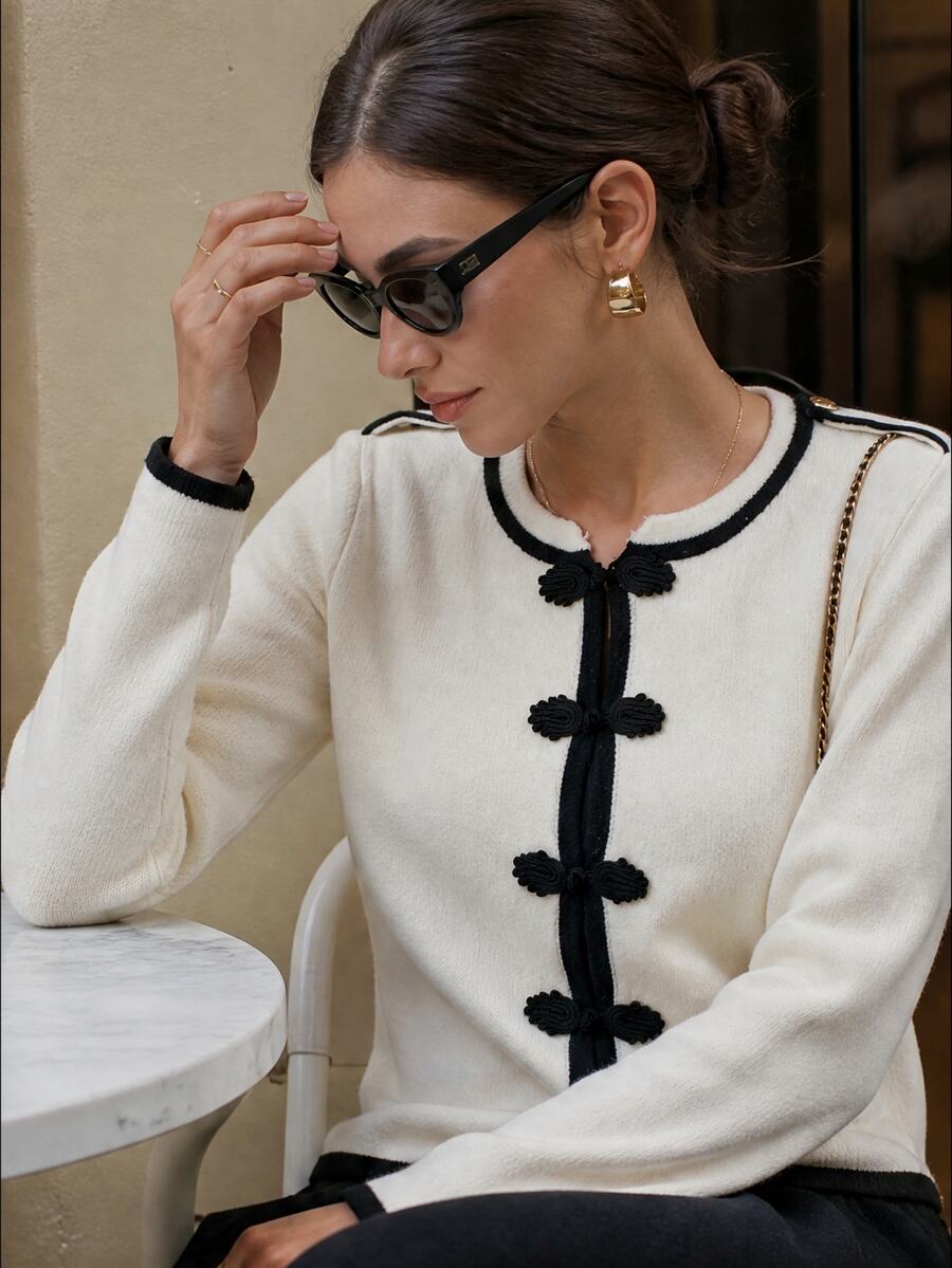 Anewsta New Chinese Style Butterfly Frog Button Contrast Trim Knit Cardigan Women Vintage Round Neck Short Shoulder Patch Long Sleeve Sweater Jacket - White - View 1