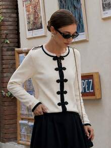 Anewsta New Chinese Style Butterfly Frog Button Contrast Trim Knit Cardigan Women Vintage Round Neck Short Shoulder Patch Long Sleeve Sweater Jacket - White - View 3