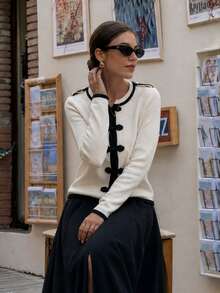 Anewsta New Chinese Style Butterfly Frog Button Contrast Trim Knit Cardigan Women Vintage Round Neck Short Shoulder Patch Long Sleeve Sweater Jacket - White - View 4