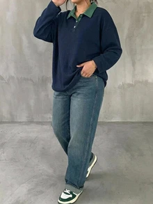 Dazy Plus Colorblock Patchwork Polo Collar Long Sleeve Loose Casual T-Shirt, Spring/Autumn New Style - Navy Blue - View 3
