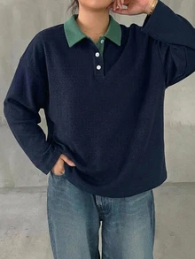 Dazy Plus Colorblock Patchwork Polo Collar Long Sleeve Loose Casual T-Shirt, Spring/Autumn New Style - Navy Blue - View 2