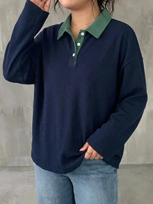Dazy Plus Colorblock Patchwork Polo Collar Long Sleeve Loose Casual T-Shirt, Spring/Autumn New Style - Navy Blue - View 6