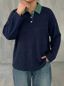 Dazy Plus Colorblock Patchwork Polo Collar Long Sleeve Loose Casual T-Shirt, Spring/Autumn New Style - Navy Blue - View 4