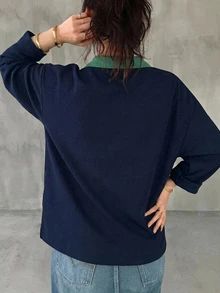 Dazy Plus Colorblock Patchwork Polo Collar Long Sleeve Loose Casual T-Shirt, Spring/Autumn New Style - Navy Blue - View 5