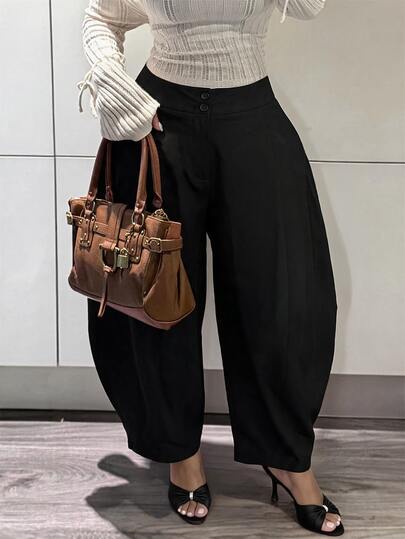 Slaydiva Plus Size Wide Leg Pants, Black High Waist Plus Size Draped Loose Suit Trousers