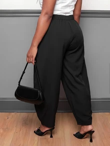 Slaydiva Plus Size Wide Leg Pants, Black High Waist Plus Size Draped Loose Suit Trousers - Black - View 3