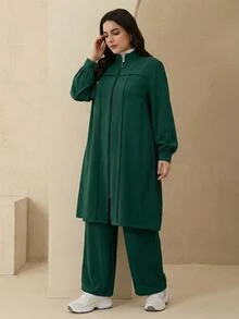 Graceveil 优雅纯色拉链长袖外套套装，阿拉伯风格女装，秋冬款 - 墨綠色 - 查看 5