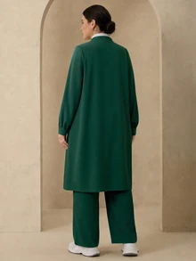 Graceveil 优雅纯色拉链长袖外套套装，阿拉伯风格女装，秋冬款 - 墨綠色 - 查看 2